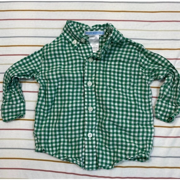 Janie and Jack Green Gingham Linen Button-Down Shirt – Size 6M - Picture 1 of 4